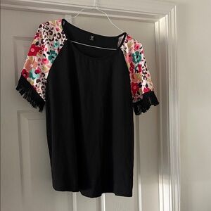 SHEIN Black Top with Multicolor Patterned Sleeves w Fringe